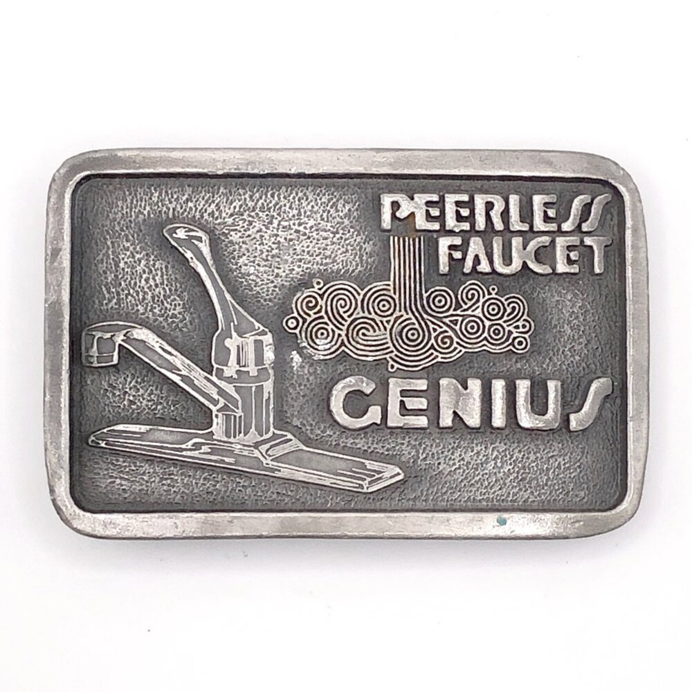 Vintage Indiana Metal Craft Peerless Faucet Genius Pewter belt buckle